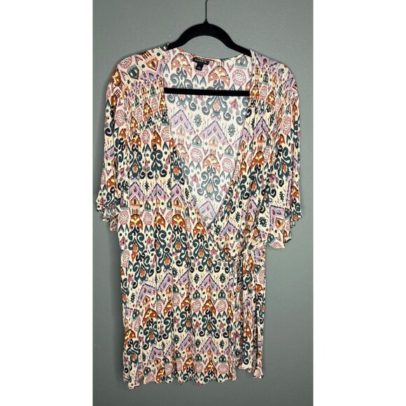 Torrid Womens 4X Tan Purple Printed Short Sleeve Gauze Smocked Surplice Wrap Top - Picture 2 of 11